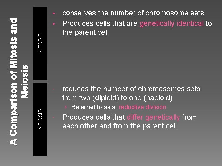 conserves the number of chromosome sets • Produces cells that are genetically identical to