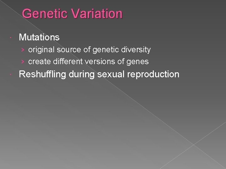 Genetic Variation Mutations › original source of genetic diversity › create different versions of
