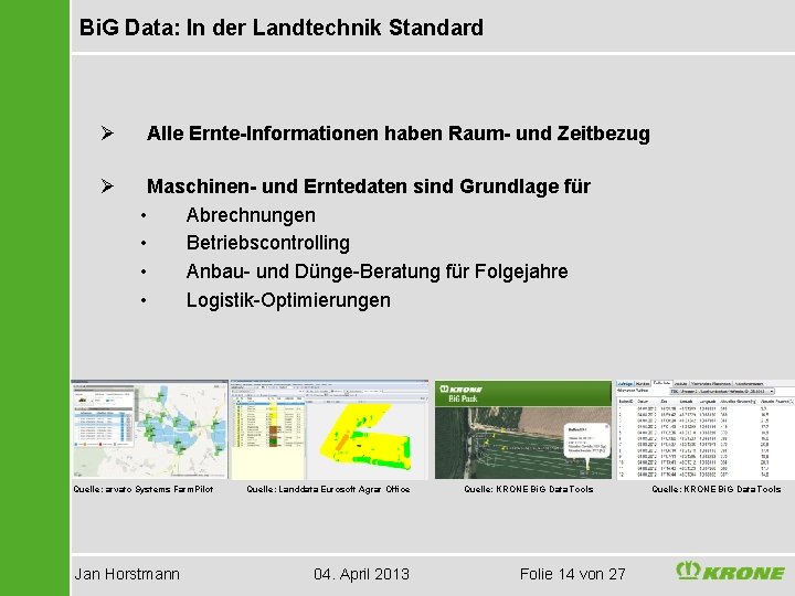 Bi. G Data: In der Landtechnik Standard Ø Ø Alle Ernte-Informationen haben Raum- und