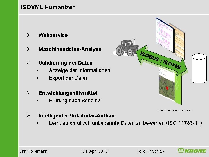 ISOXML Humanizer Ø Webservice Ø Maschinendaten-Analyse Ø Validierung der Daten • Anzeige der Informationen