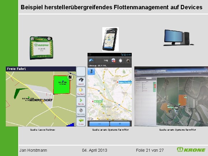 Beispiel herstellerübergreifendes Flottenmanagement auf Devices Quelle: Lacos Fieldnav Jan Horstmann Quelle: arvato Systems Farm.