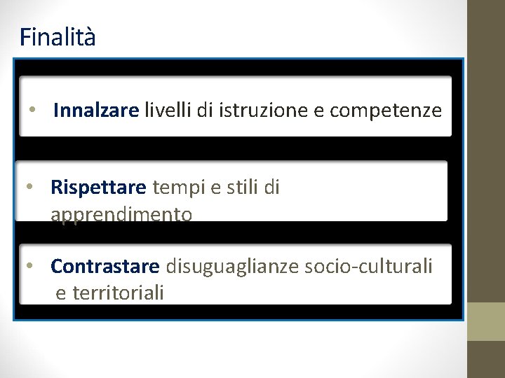 Finalità • Innalzare livelli di istruzione e competenze • Rispettare tempi e stili di