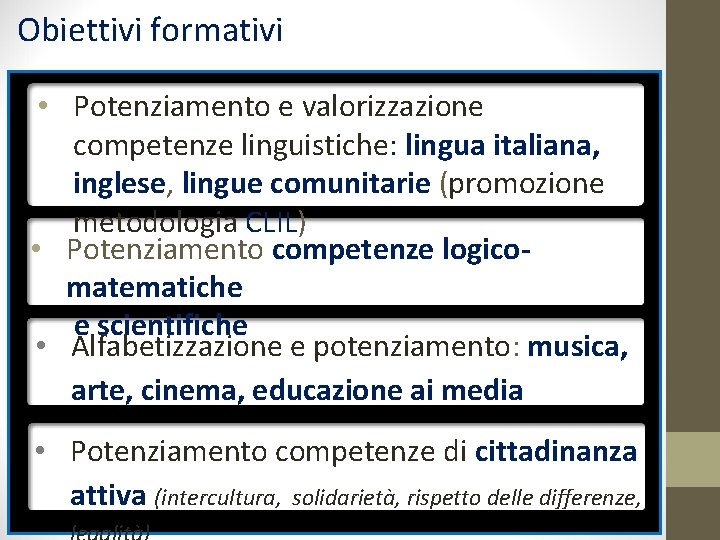 Obiettivi formativi • Potenziamento e valorizzazione competenze linguistiche: lingua italiana, inglese, lingue comunitarie (promozione