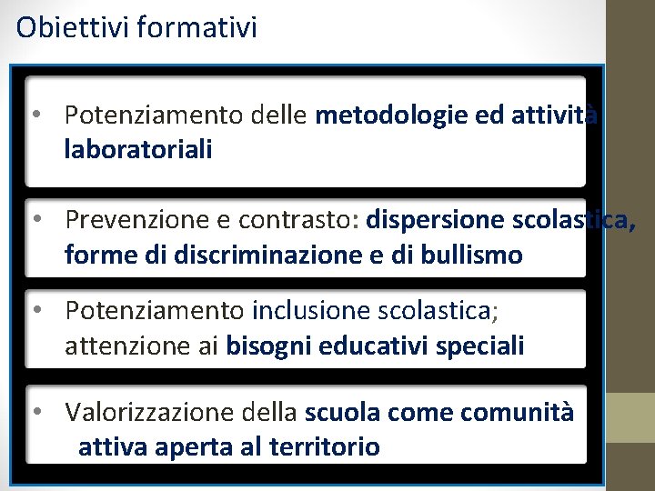 Obiettivi formativi • Potenziamento delle metodologie ed attività laboratoriali • Prevenzione e contrasto: dispersione