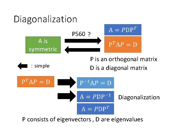 Diagonalization A is symmetric : simple P 560 ? P is an orthogonal matrix