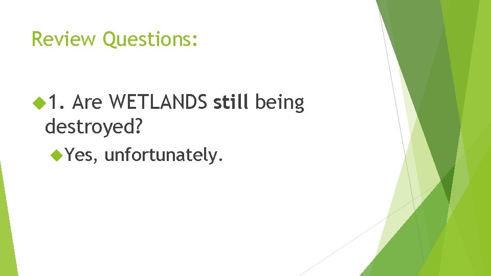 Review Questions: 1. Are WETLANDS still being destroyed? Yes, unfortunately. 