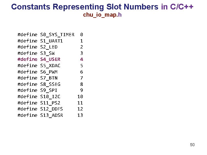 Constants Representing Slot Numbers in C/C++ chu_io_map. h #define #define #define #define S 0_SYS_TIMER