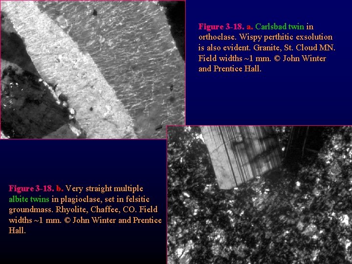 Figure 3 -18. a. Carlsbad twin in orthoclase. Wispy perthitic exsolution is also evident.