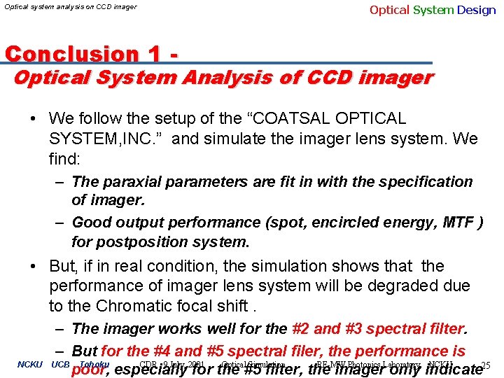 Optical system analysis on CCD imager Optical System Design Conclusion 1 - Optical System