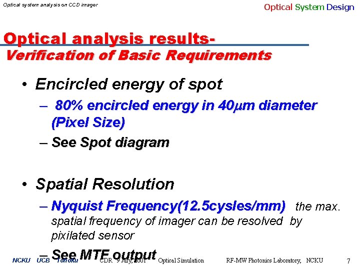 Optical system analysis on CCD imager Optical System Design Optical analysis results- Verification of