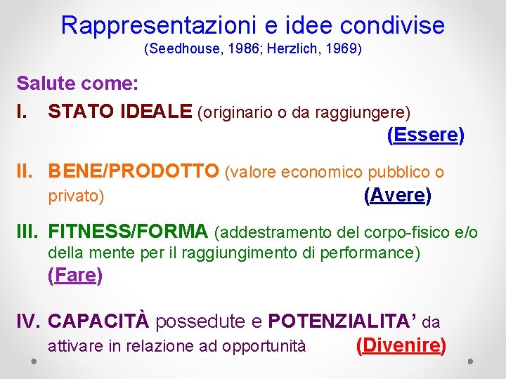 Rappresentazioni e idee condivise (Seedhouse, 1986; Herzlich, 1969) Salute come: I. STATO IDEALE (originario