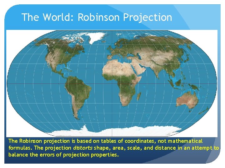 The World: Robinson Projection The Robinson projection is based on tables of coordinates, not