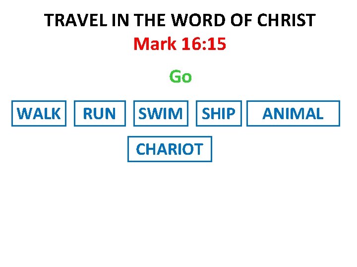 TRAVEL IN THE WORD OF CHRIST Mark 16: 15 Go WALK RUN SWIM SHIP