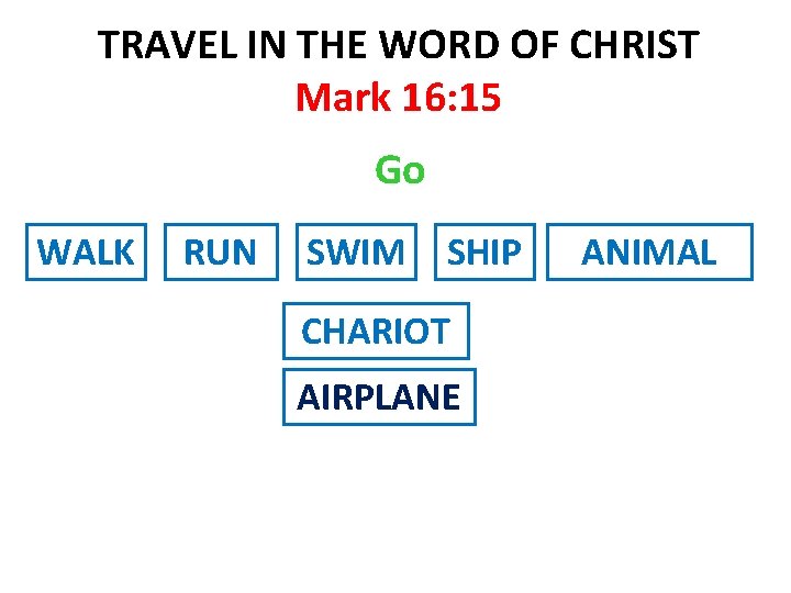 TRAVEL IN THE WORD OF CHRIST Mark 16: 15 Go WALK RUN SWIM SHIP