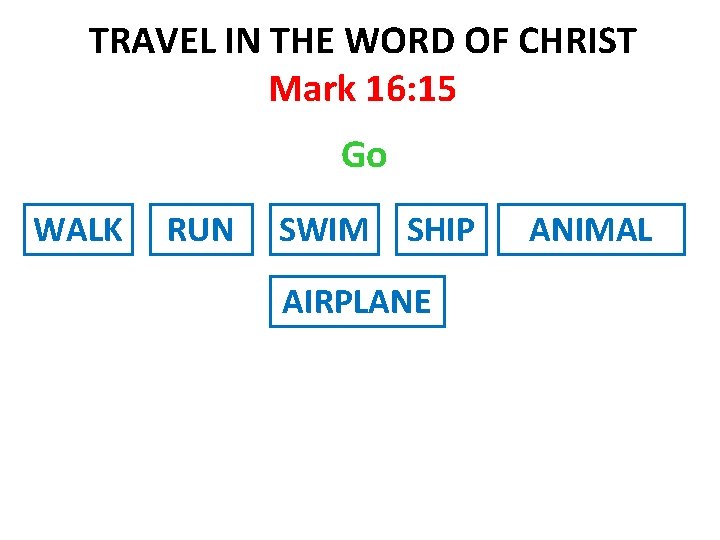 TRAVEL IN THE WORD OF CHRIST Mark 16: 15 Go WALK RUN SWIM SHIP