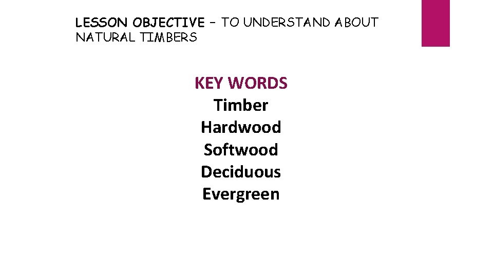 LESSON OBJECTIVE – TO UNDERSTAND ABOUT NATURAL TIMBERS KEY WORDS Timber Hardwood Softwood Deciduous