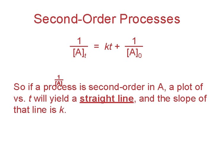 Second-Order Processes 1 1 = kt + [A]t [A]0 1 [A] So if a