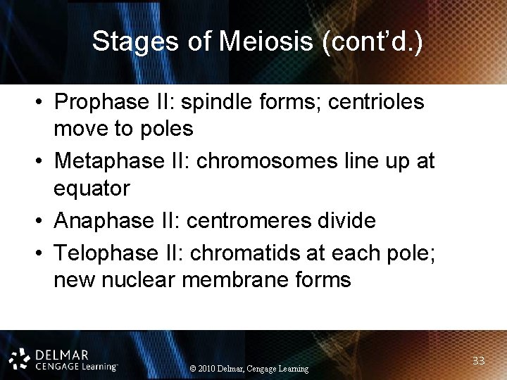Stages of Meiosis (cont’d. ) • Prophase II: spindle forms; centrioles move to poles