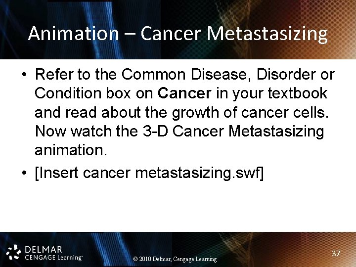 Animation – Cancer Metastasizing • Refer to the Common Disease, Disorder or Condition box