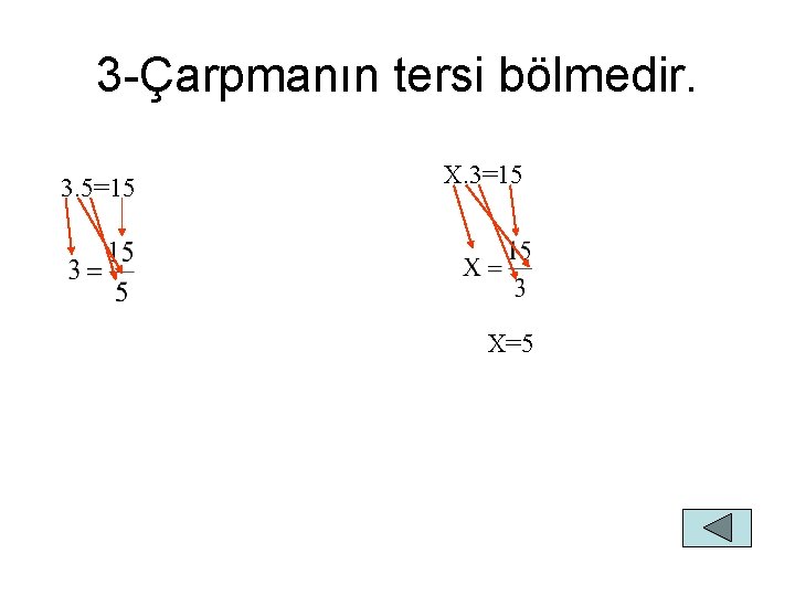 3 -Çarpmanın tersi bölmedir. 3. 5=15 X. 3=15 X=5 