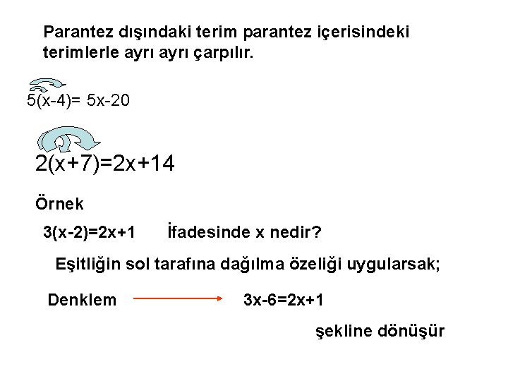 Parantez dışındaki terim parantez içerisindeki terimlerle ayrı çarpılır. 5(x-4)= 5 x-20 2(x+7)=2 x+14 Örnek