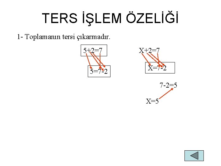 TERS İŞLEM ÖZELİĞİ 1 - Toplamanın tersi çıkarmadır. 5+2=7 5=7 -2 X+2=7 X=7 -2