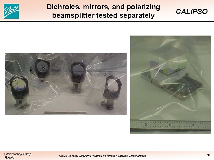 Dichroics, mirrors, and polarizing beamsplitter tested separately Lidar Working Group 18 Jul 02 Cloud-Aerosol