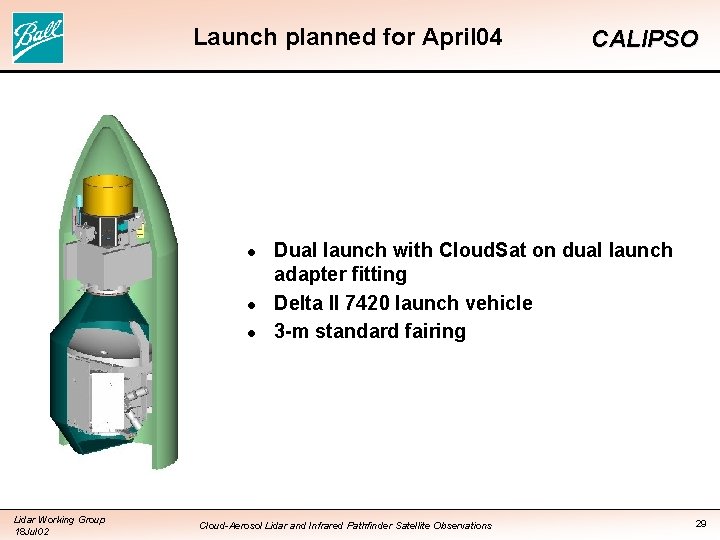 Launch planned for April 04 l l l Lidar Working Group 18 Jul 02