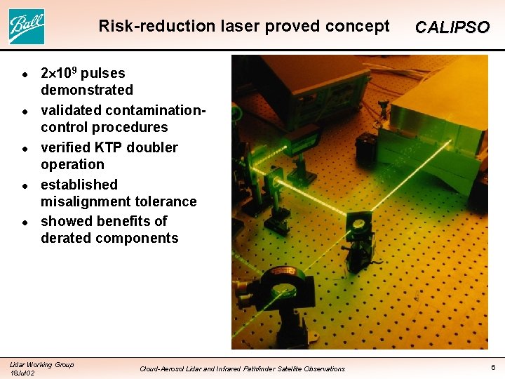 Risk-reduction laser proved concept l l l CALIPSO 2 109 pulses demonstrated validated contaminationcontrol