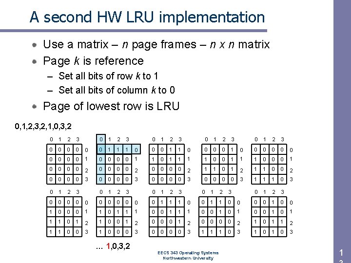 A second HW LRU implementation Use a matrix – n page frames – n