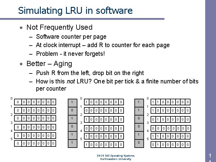Simulating LRU in software Not Frequently Used – Software counter page – At clock