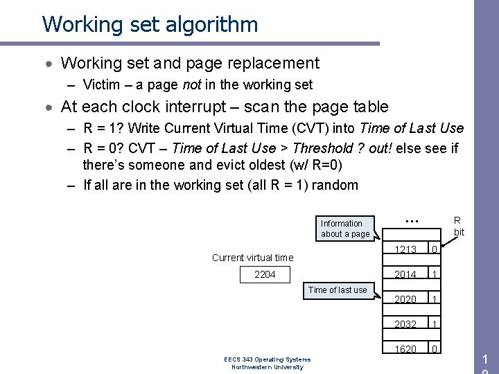 Working set algorithm Working set and page replacement – Victim – a page not