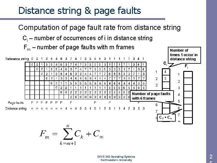 Distance string & page faults Computation of page fault rate from distance string Ci