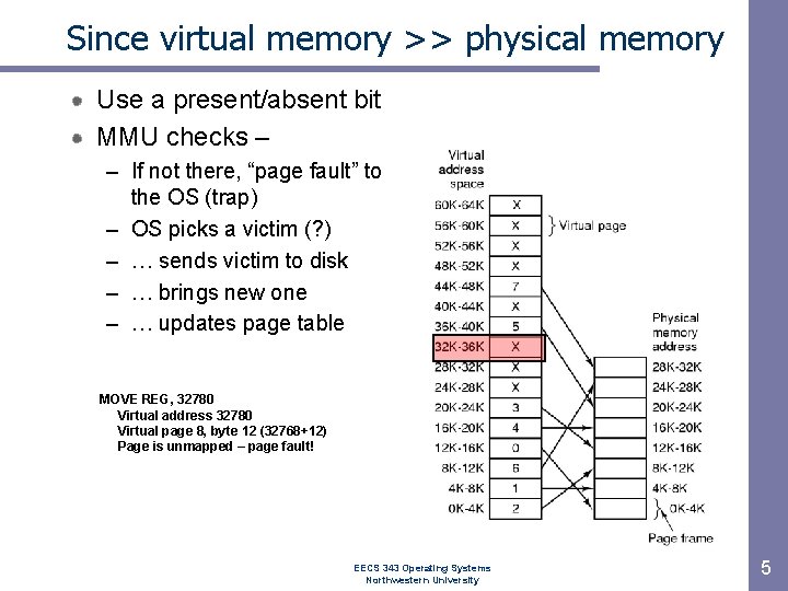 Since virtual memory >> physical memory Use a present/absent bit MMU checks – –