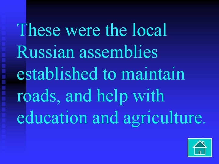 These were the local Russian assemblies established to maintain roads, and help with education