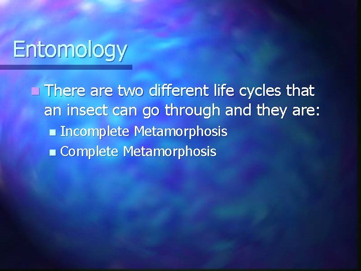 Entomology n There are two different life cycles that an insect can go through