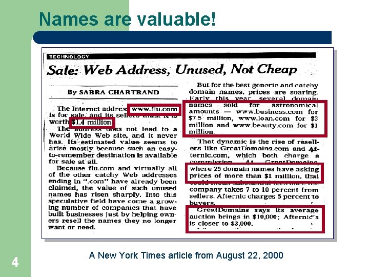 Names are valuable! 4 A New York Times article from August 22, 2000 