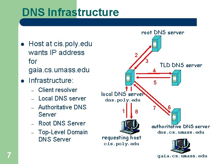 DNS Infrastructure root DNS server l l Host at cis. poly. edu wants IP