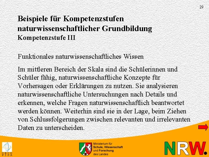 29 Beispiele für Kompetenzstufen naturwissenschaftlicher Grundbildung Kompetenzstufe III Funktionales naturwissenschaftliches Wissen Im mittleren Bereich