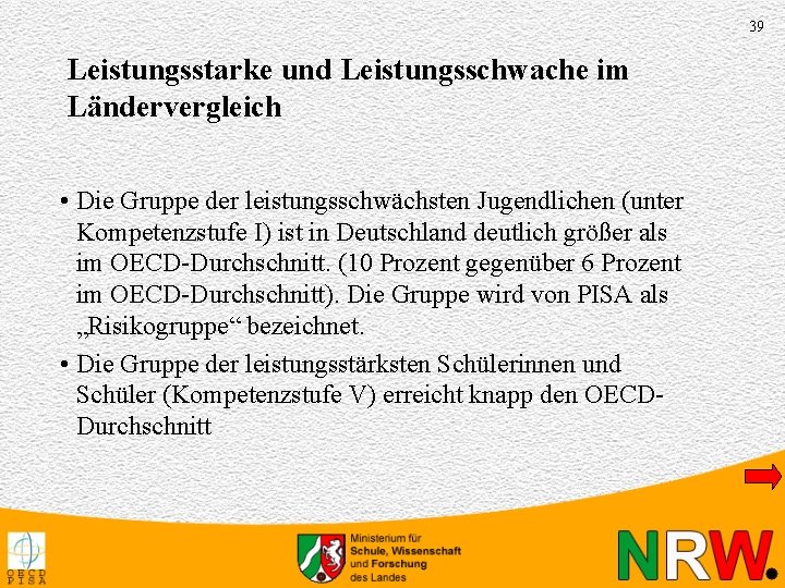 39 Leistungsstarke und Leistungsschwache im Ländervergleich • Die Gruppe der leistungsschwächsten Jugendlichen (unter Kompetenzstufe