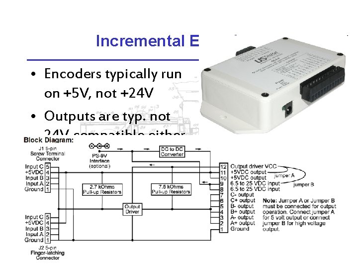 Incremental Encoders • Encoders typically run on +5 V, not +24 V • Outputs
