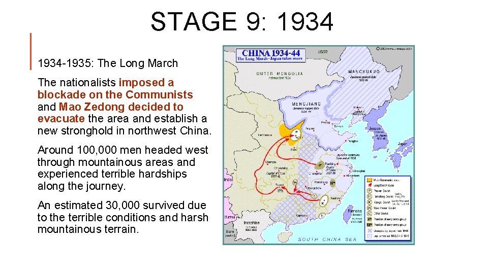 STAGE 9: 1934 -1935: The Long March The nationalists imposed a blockade on the