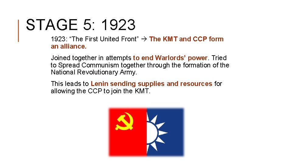 STAGE 5: 1923: “The First United Front” The KMT and CCP form an alliance.