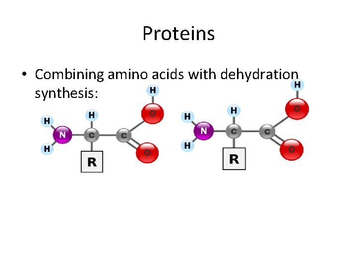 Proteins • Combining amino acids with dehydration synthesis: 