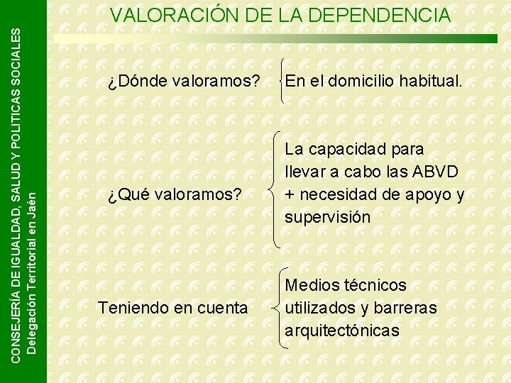CONSEJERÍA DE IGUALDAD, SALUD Y POLITICAS SOCIALES Delegación Territorial en Jaén VALORACIÓN DE LA CONSEJERÍA DE IGUALDAD, SALUD Y POLITICAS SOCIALES Delegación Territorial en Jaén VALORACIÓN DE LA