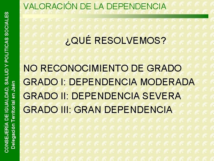 CONSEJERÍA DE IGUALDAD, SALUD Y POLITICAS SOCIALES Delegación Territorial en Jaén VALORACIÓN DE LA