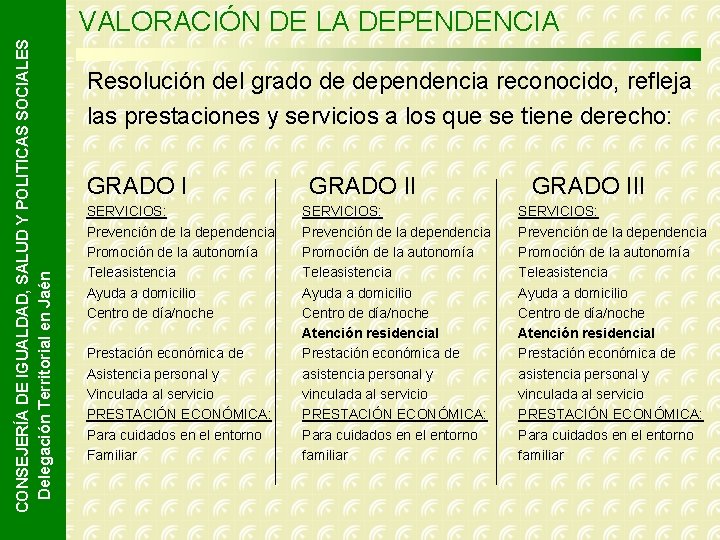 CONSEJERÍA DE IGUALDAD, SALUD Y POLITICAS SOCIALES Delegación Territorial en Jaén VALORACIÓN DE LA