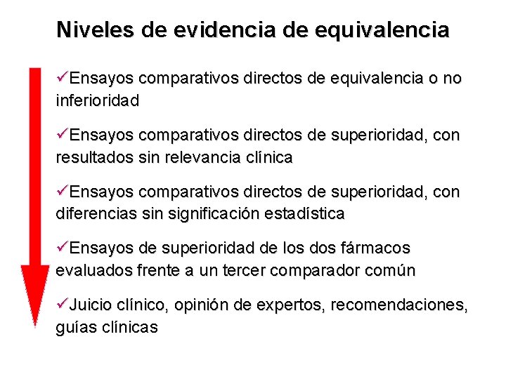 Niveles de evidencia de equivalencia üEnsayos comparativos directos de equivalencia o no inferioridad üEnsayos