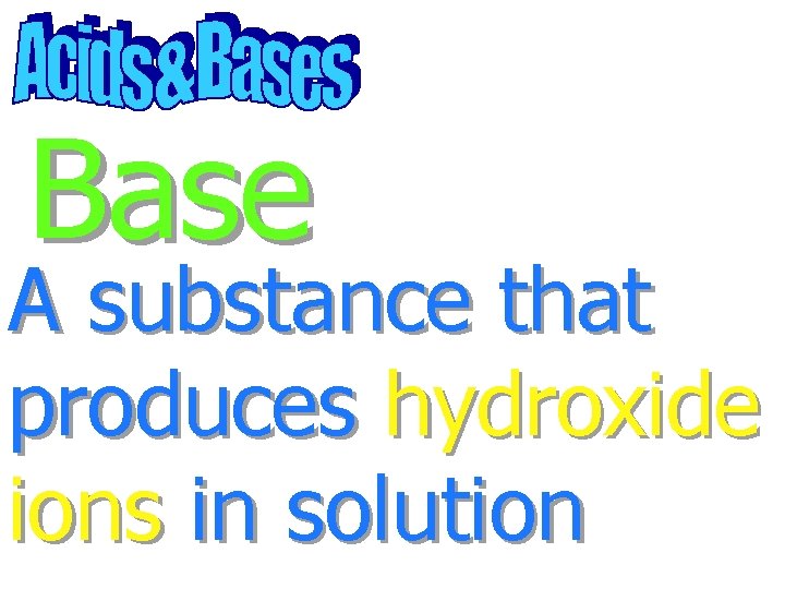 Base A substance that produces hydroxide ions in solution 