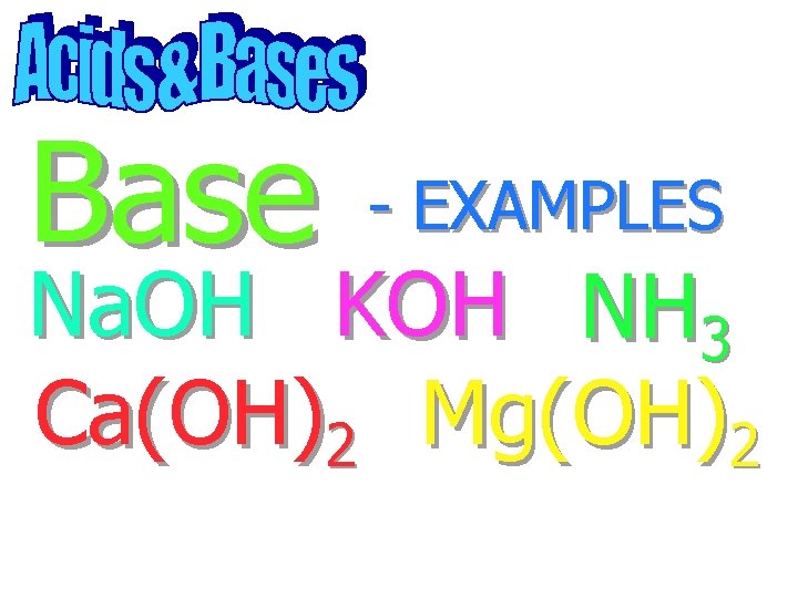 Base - EXAMPLES Na. OH KOH NH 3 Ca(OH)2 Mg(OH)2 